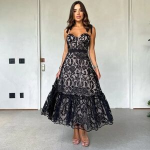 Elegant Black Floral Midi Dress. Waist 14" INCHES